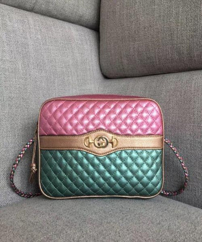 Gucci Laminated Leather Small Shoulder Bag Blue/Pink