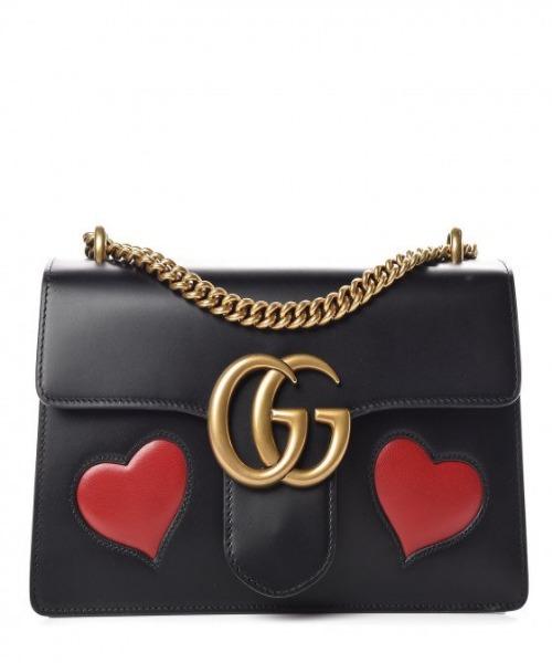 Gucci GG Marmont Leather Shoulder Bag Hearts Black