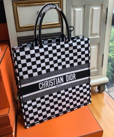 Dior Book Tote Bag In Black And White Checkered Canvas