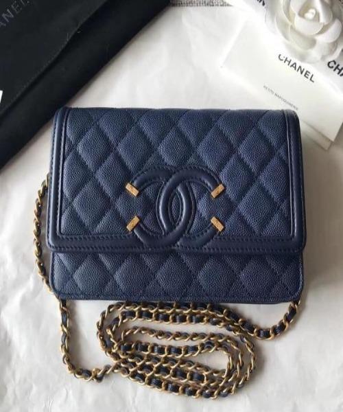 Chanel Wallet On Chain – WOC CC Filigree Dark Blue Grained Calfskin