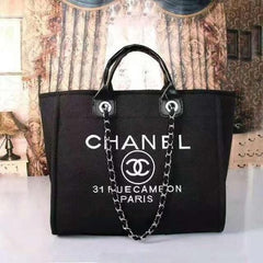 Chanel Deauville Fabric Tote Dark Black