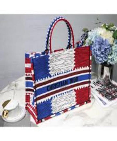 Dior Book Tote Bag Embroidered Canvas French Flag