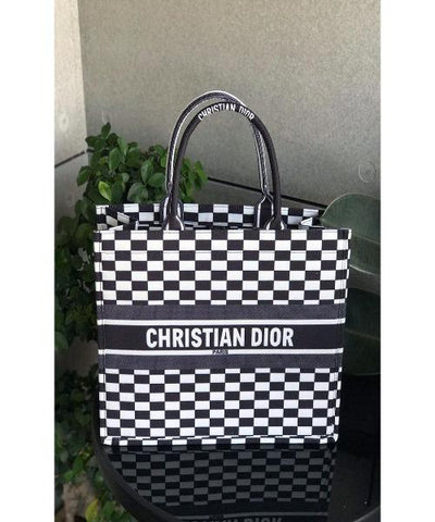 Dior Book Tote Bag In Black And White Checkered Canvas